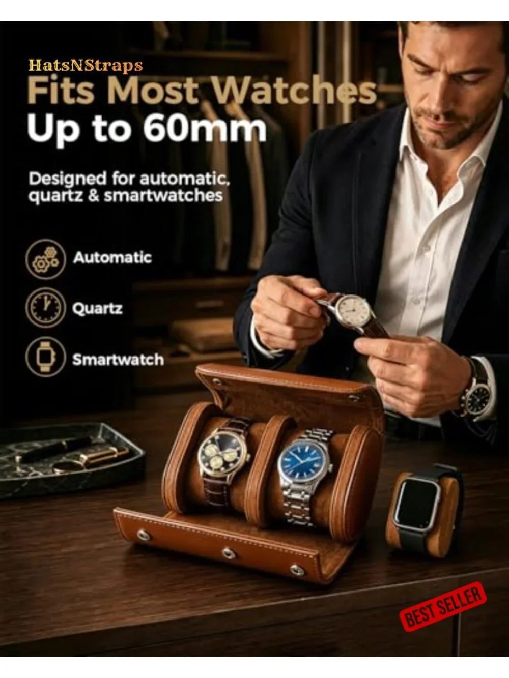Watch Travel Case 2-Slot Roll with Removable Pillows & Soft Lining